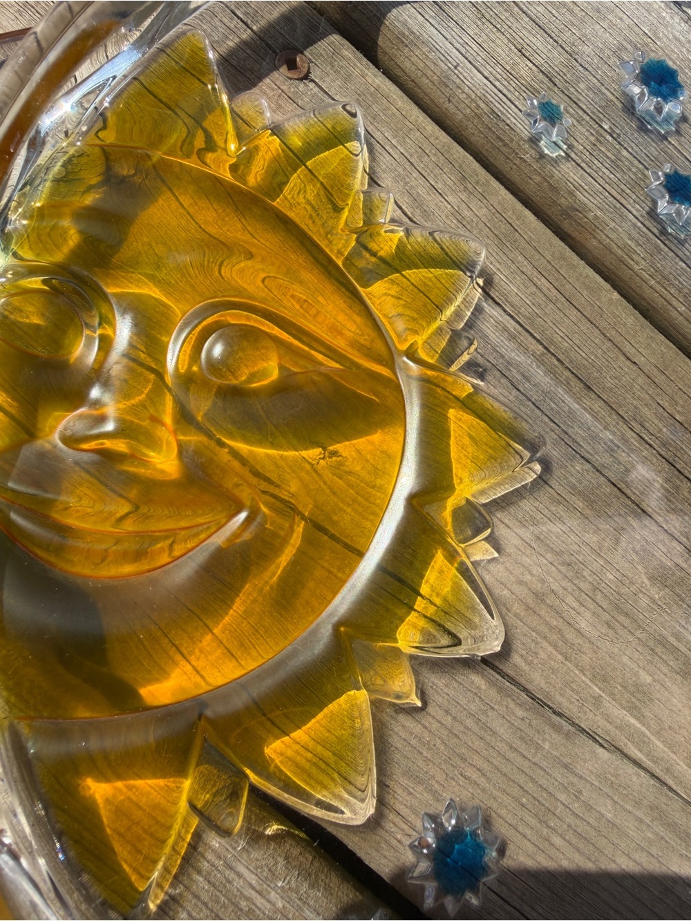 Vintage Celestial Sun Moon Glass Tray 12” Amber Blue Stars Decorative Plate - Picture 7 of 16